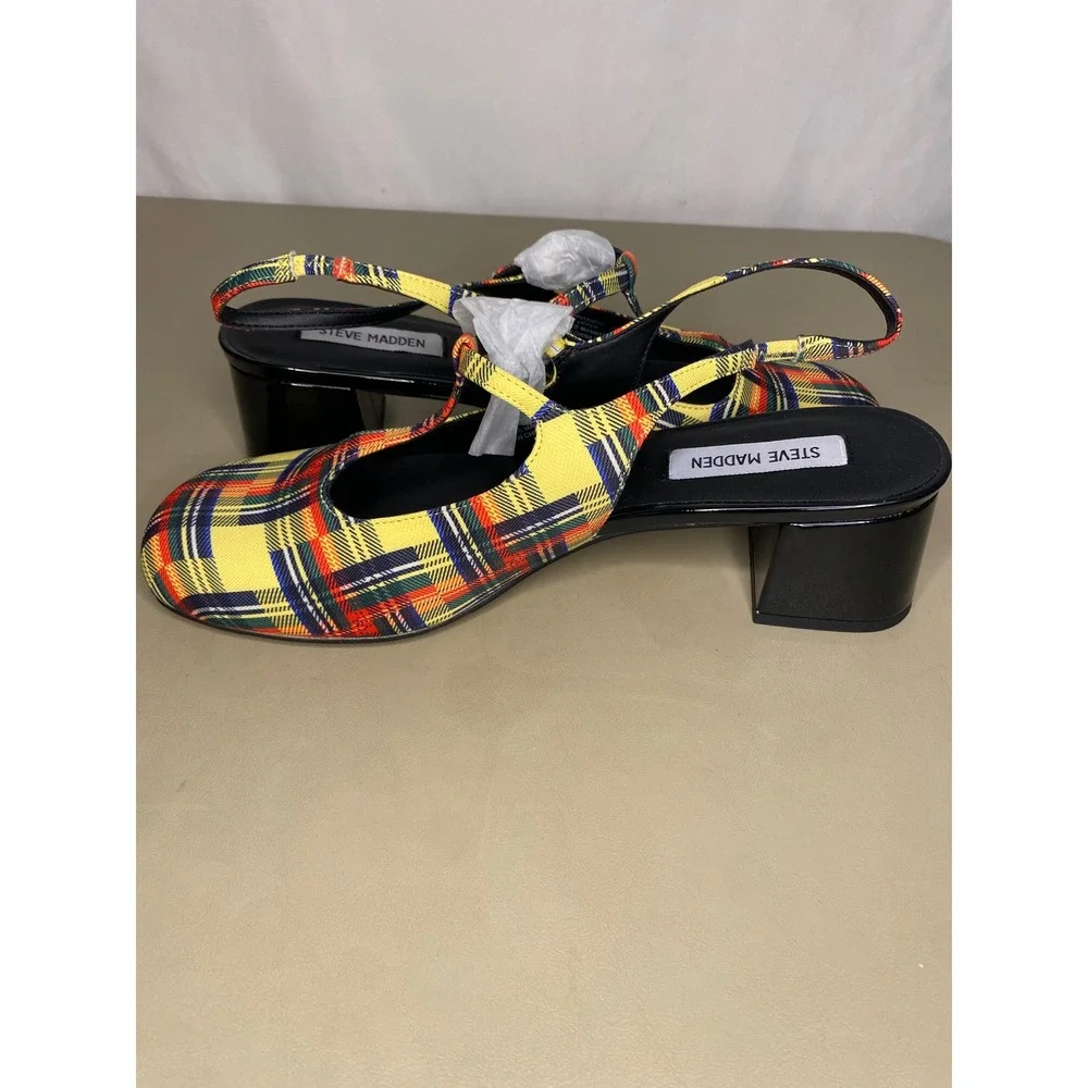 New Steve Madden Yellow Plaid Block Heel Slingback Pumps Mules 10 Punk Preppy
